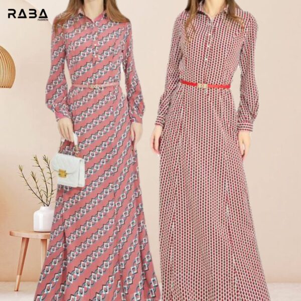 Printed Long-Sleeve Maxi Dresses with Belt - Image 3