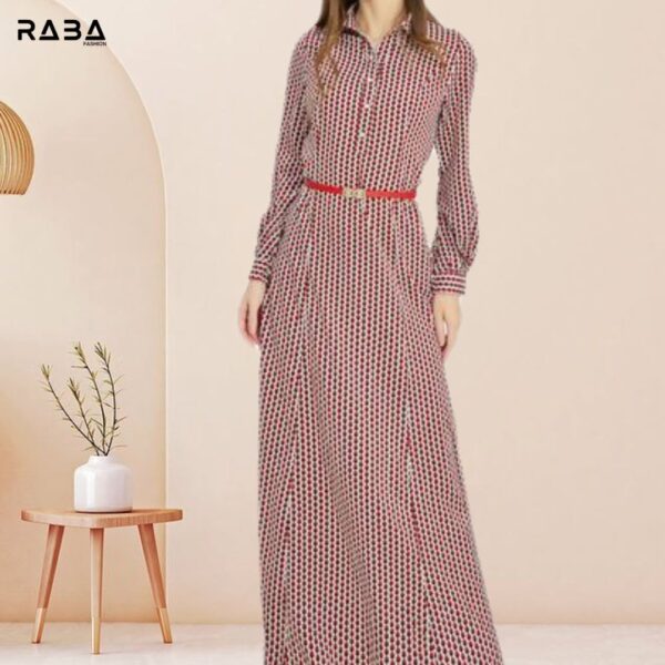 Printed Long-Sleeve Maxi Dresses with Belt - Image 2