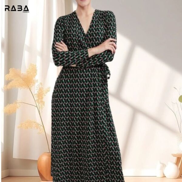 Long-Sleeve Geometric Print Wrap Dress