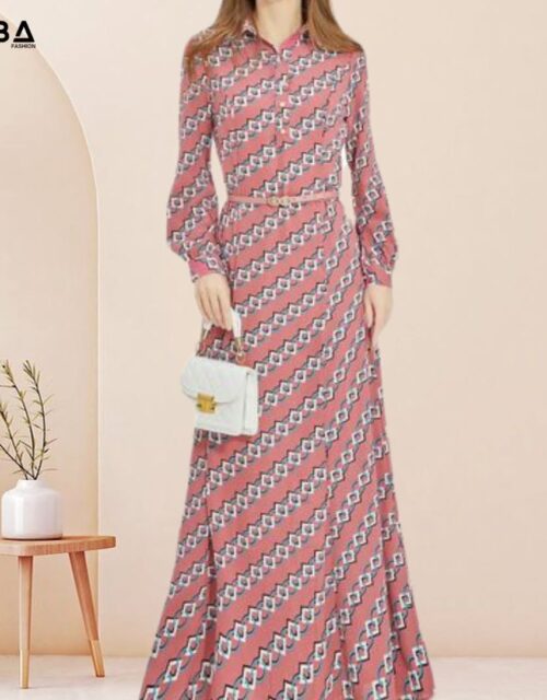 Printed Long-Sleeve Maxi Dresses with Belt